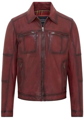 Herren Rot Klassisch Leder Bikerjacke Vintage Kurz Motorrad - Main Image