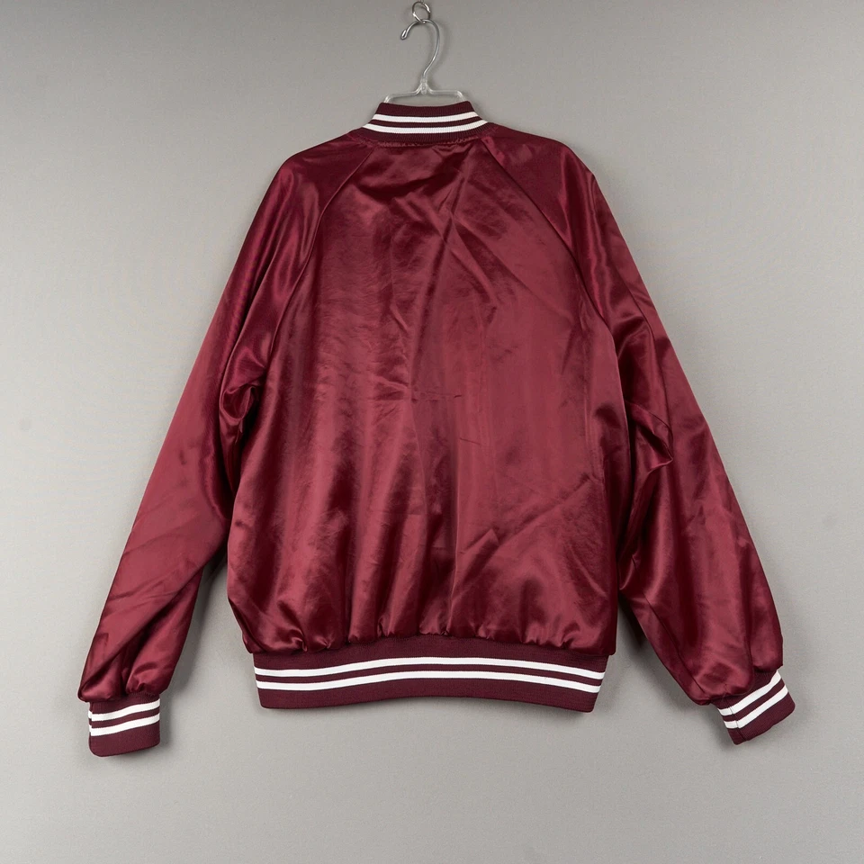 复古 Soffe 飞行员夹克 L 勃艮第缎面尼龙扣前鸡包 80 年代 — 第 3/4 张图片