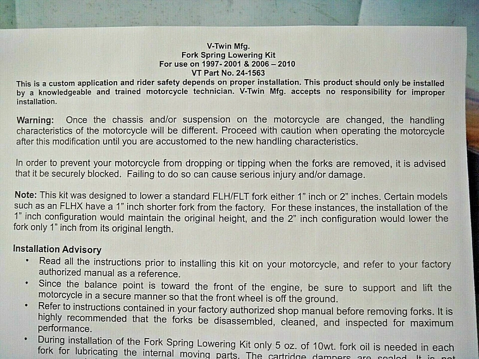 Kit de reducción de resorte de horquilla Harley de 1-1/2" a 2" FLHT FLHX FLHR V-Twin 24-1563 X1 Foto 3 de 4