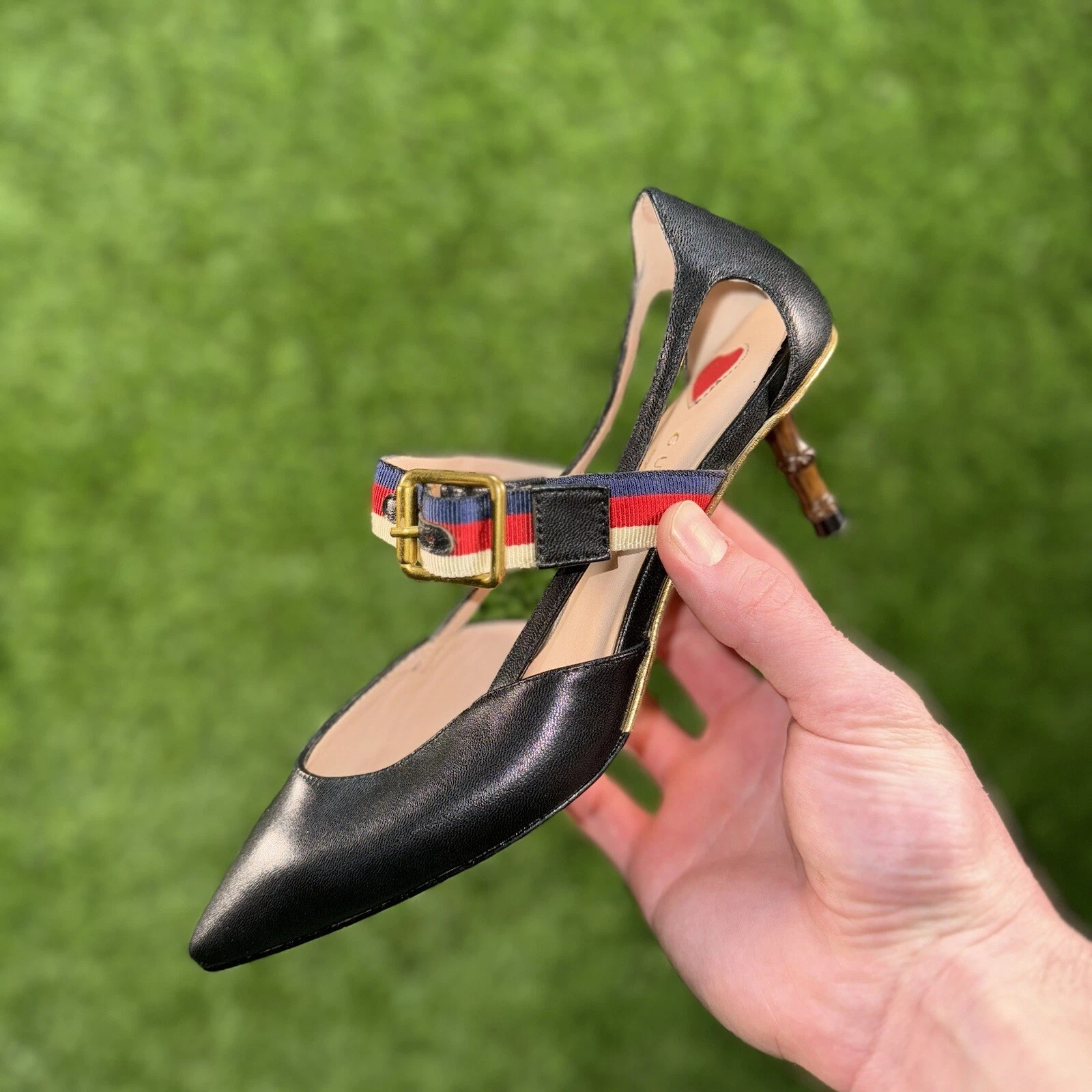 Chaussures escarpins GUCCI Unia rayures talon bambou cuir noir pointure 35
