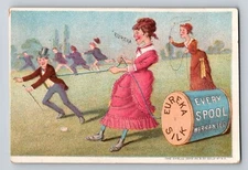Victorian Trade Card Eureka Women Lasso Men Leap Year Sewing Thread 3" x 4"