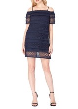 NWT New TAHARI Lace Fringe Sheath Lined Dress Navy Blue Off Shoulder Size 4 
