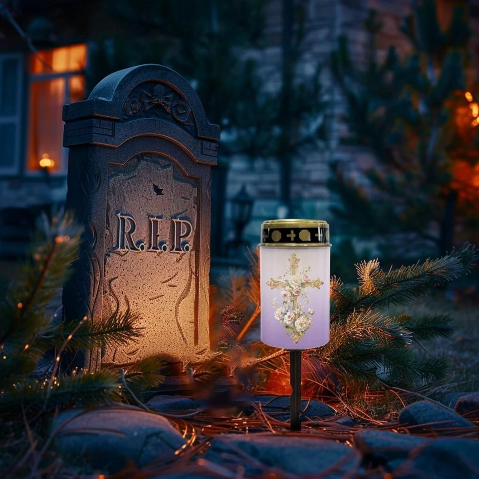 Solar Grave Lights Cross and Floral Waterproof Cemetery Memorial Prayer Lamp - Image 2 of 4