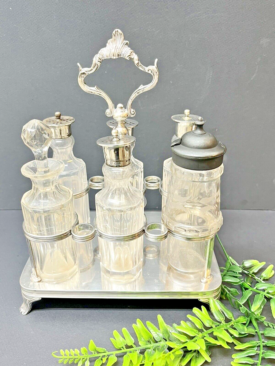 Black Starr & Frost Gorham Sterling Caddy Condiment 6 Crystal Jars