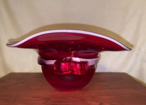 Red & Pink Glass Hat Ribbon Vase, Blenko?