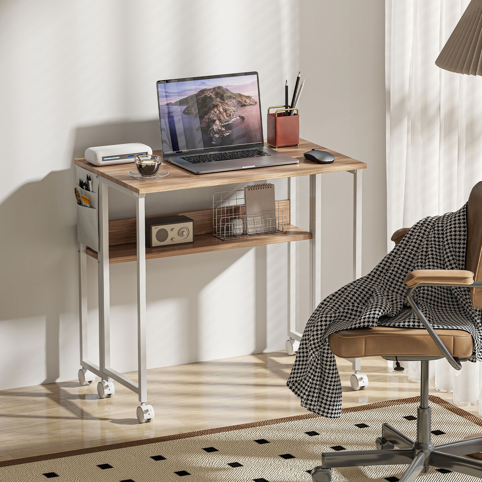 HOMCOM Small Folding Desk Foldable Computer Desk with Shelf Wheels Natural