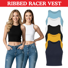 Ladies Ribbed Crop Top Tank Vest Slim Fit Sleeveless Cotton Round Neck Blouse