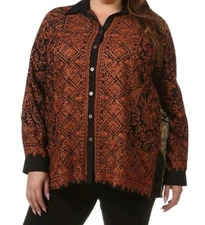 John Mark Plus Tunic Embroidery Black Cooper Button Tunic Top Size 3X $139