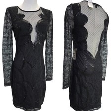NWT Express Womens 6 Black Plunge Mini Bodycon Dress Lace Sheer Sequin Holiday