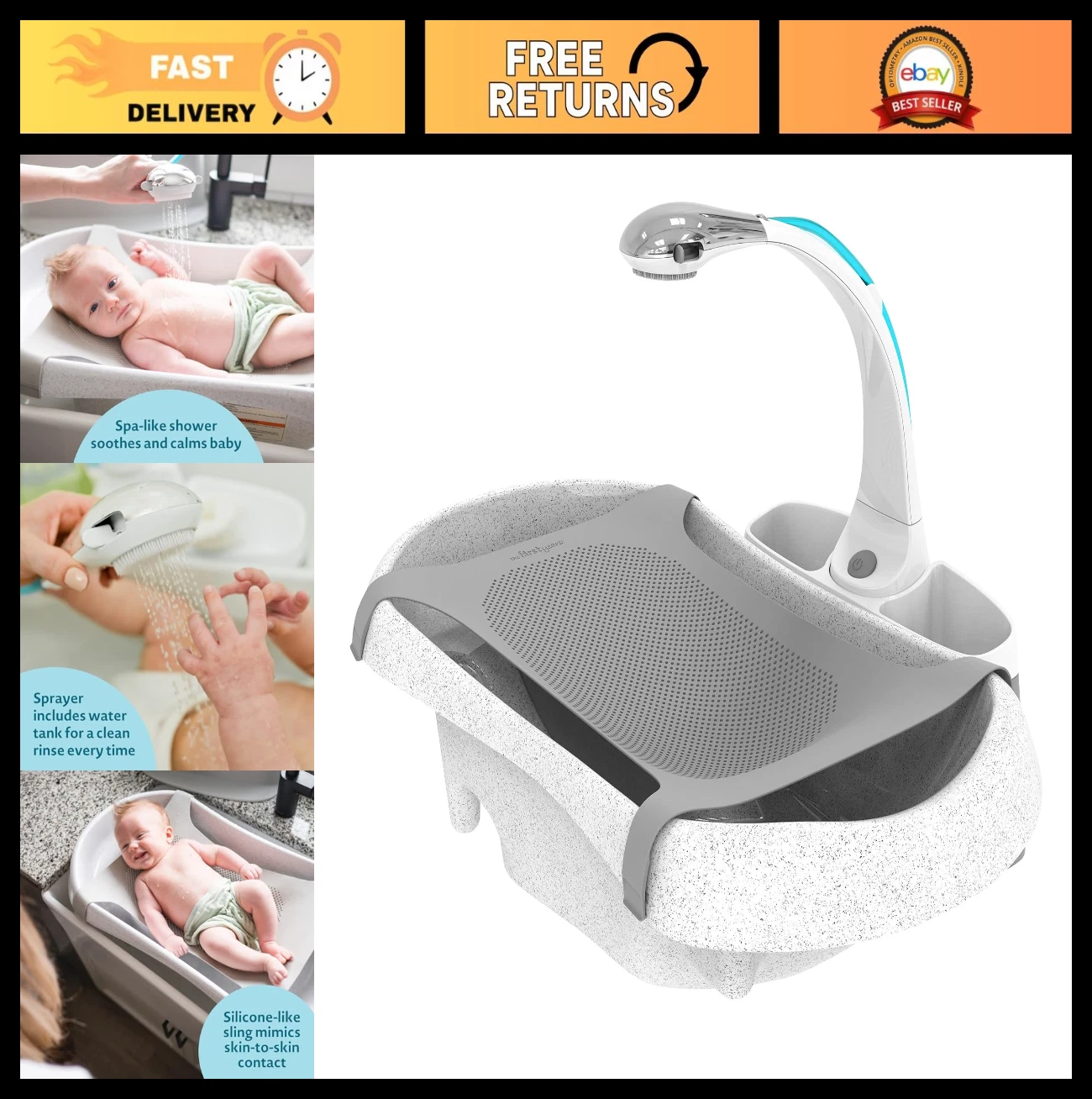 3-in-1 Baby Spa Bathtub Set with Infant Sling, Soothing Shower Head & Brush