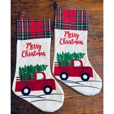 (2) NEW Glitzhome Embroidered Linen Red Truck Christmas Stocking