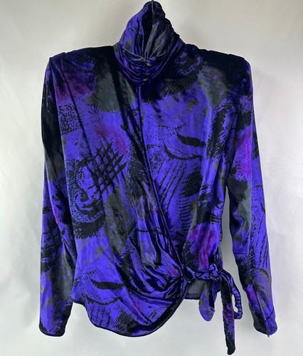 EMANUEL UNGARO Velvet Wrap Top 6 Deep Purple Abstract Pattern Turtleneck VINTAGE - Picture 4 of 11