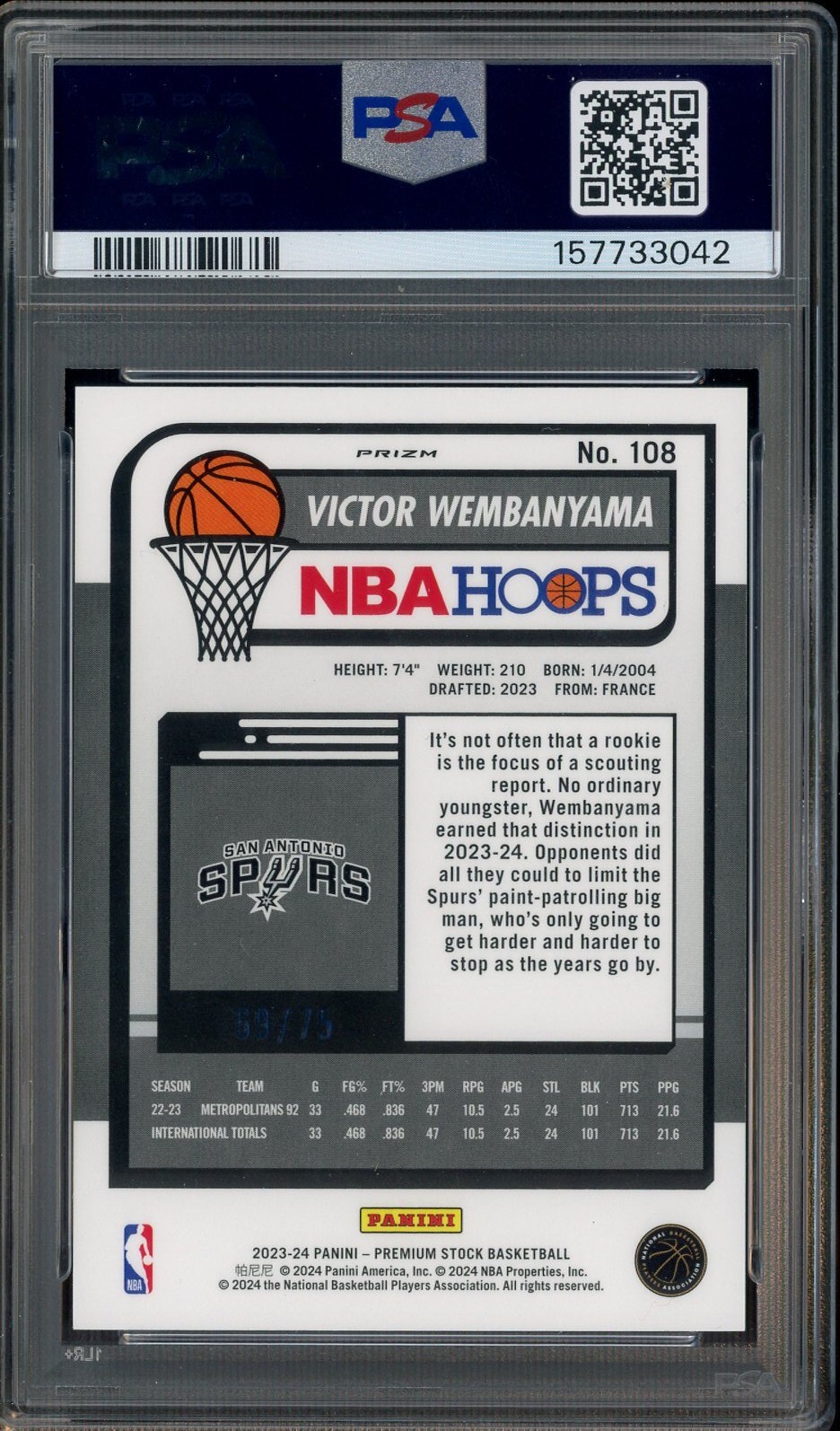 2023-24 Hoops Premium Stock Green #108 Victor Wembanyama RC Rookie /75 PSA 9 view 2