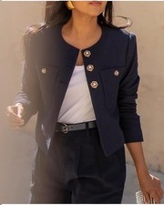NWT Ann Taylor Navy Blue Tailored Cropped Blazer Pearl Gold Flower Buttons, 4P