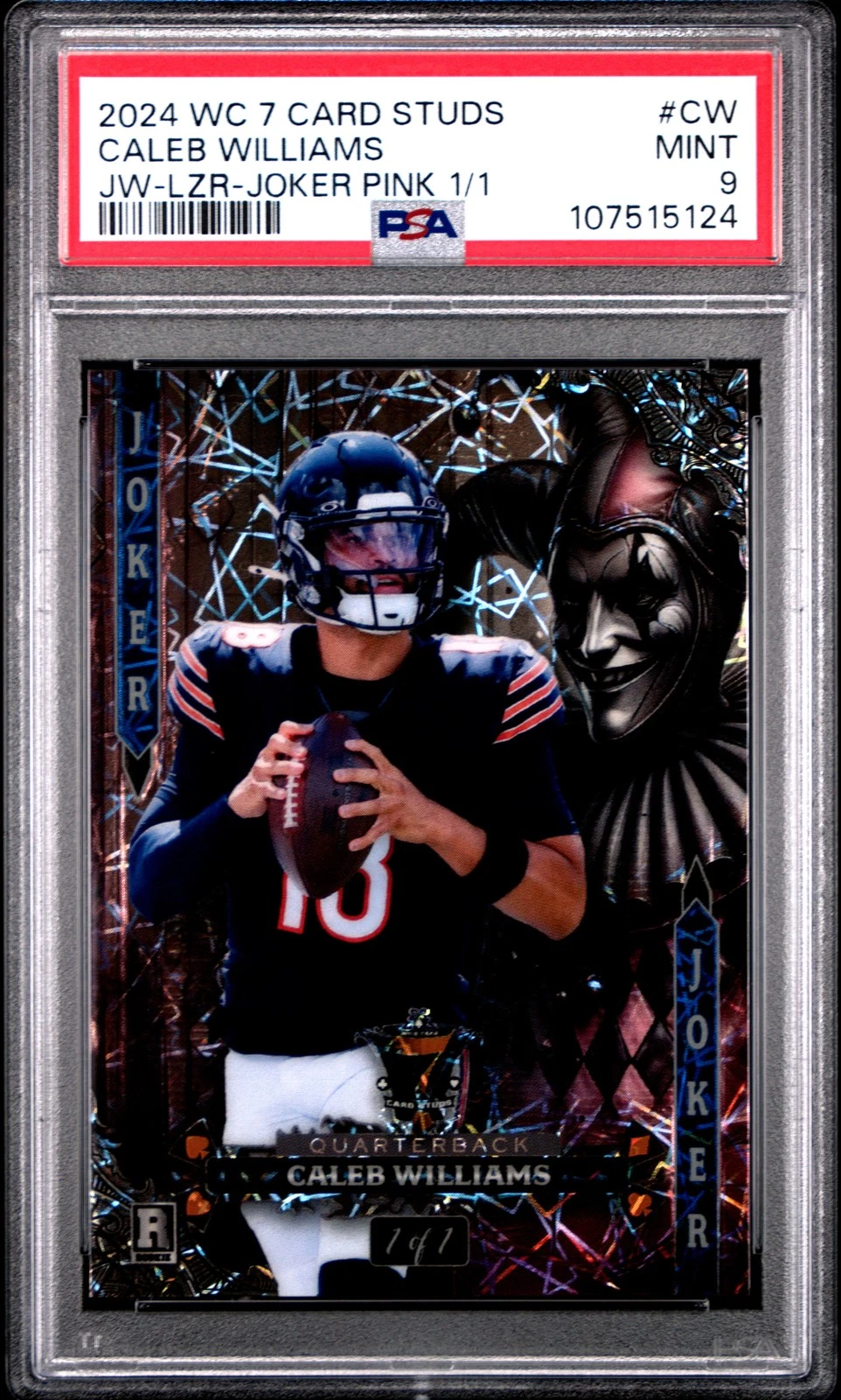 Caleb Williams Wild Card 7 Card Studs Hobby Jokers Wild #CW Lazers Foil-Joker Pink 1/1