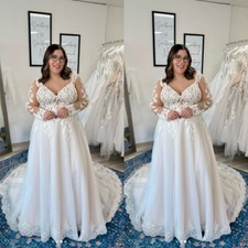 Wedding Dresses Long Sleeve V Neck A Line Lace Applique Sweep Train Bridal Gowns