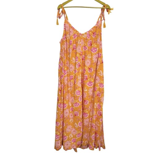 Antiguo Maxi Vestido Azul Marino Floral Talla L Naranja Rosa Cuello en V Bolsillos Hawaiano Playa Boho - Imagen 4 de 9