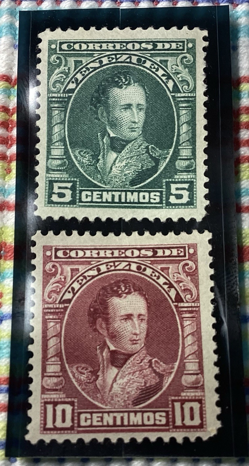 Vintage 1893 Venezuela Simon Bolivar 5c & 10c Instruction Tax Stamps MLH Pair
