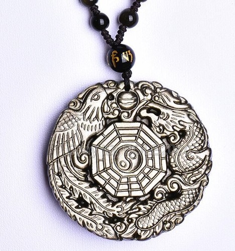 Natural Gold Obsidian Carved Dragon Phoenix BaGua Lucky Amulet Pendant Necklace - Picture 4 of 4