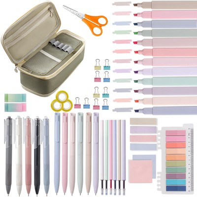 50 PCS Aesthetic School Supplies with Big Capacity Pen Case,12 Pastel Highlig...