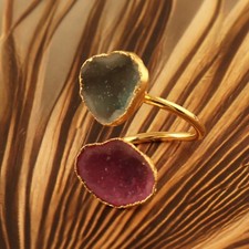 Pink With Green Geode Druzy Gold Electroplated Handmade Adjustable Jewelry Ring