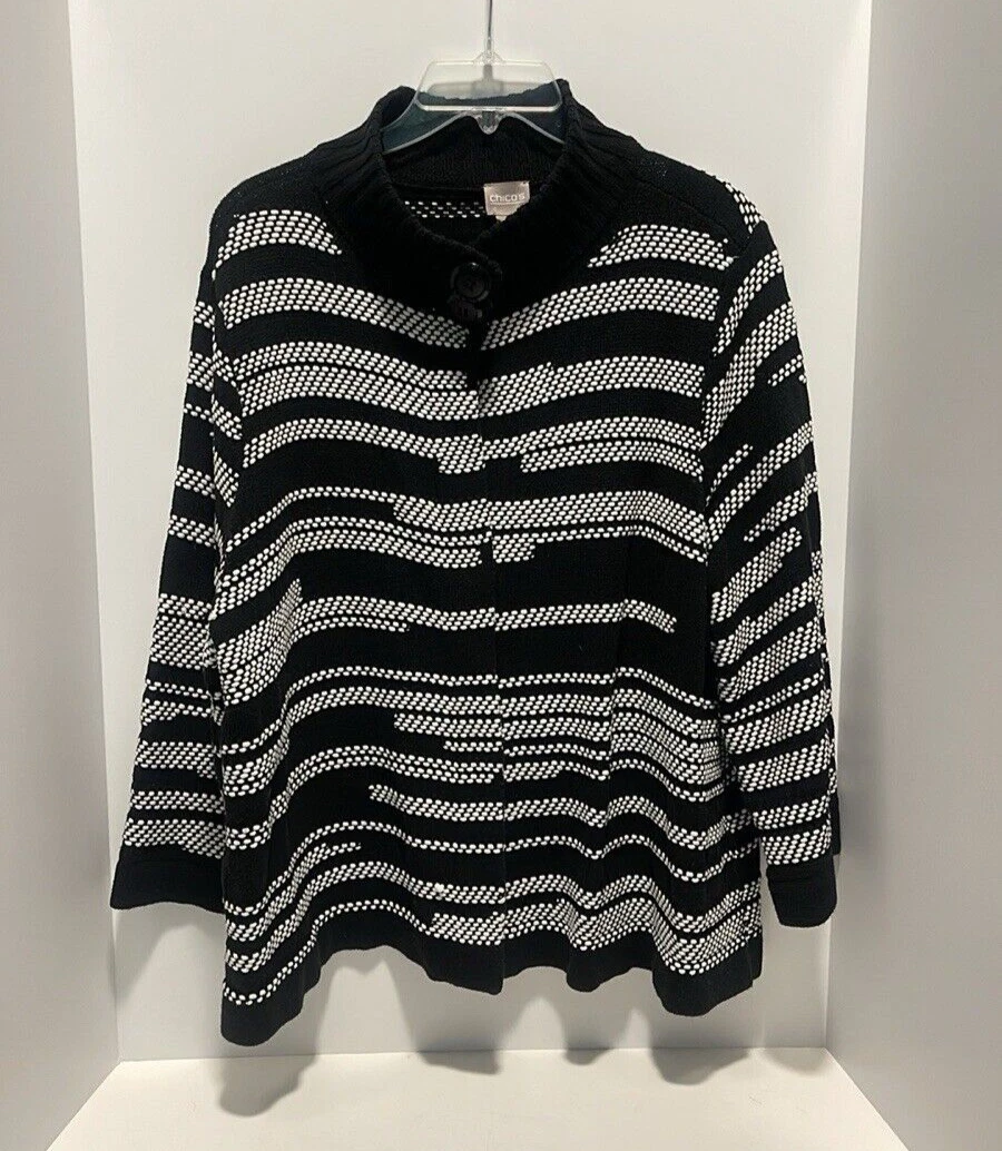 Chicos Black & White Striped Knit Poncho Sweater Women’s Size 3 Button
