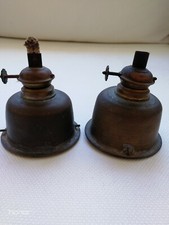 COPPIA ANTICO VECCHIO BRUCIATORE IN OTTONE LAMPADA AD OLIO PETROLIO EPOCA 