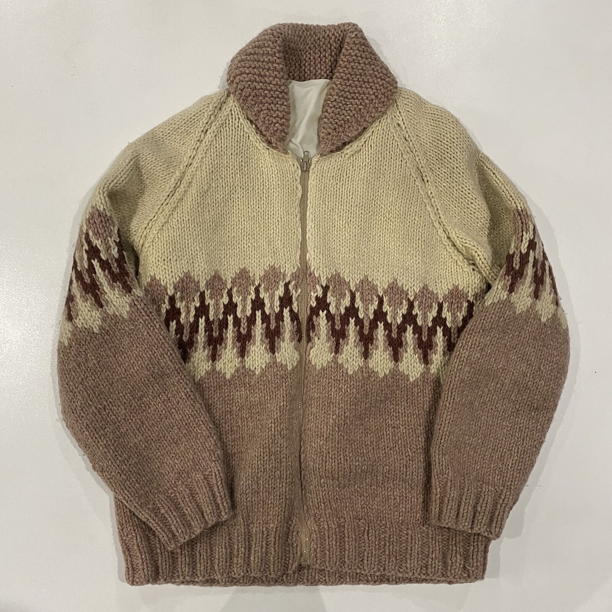 Vintage Hand Knit Wool Cowichan Siwash Trees Blush Pink Zip Up