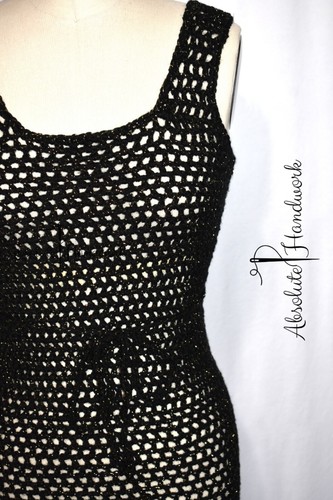 AbsoluteHandwork Handmade Crochet Spring Summer Mesh Dress Size S-M Black n Gold - Picture 5 of 7
