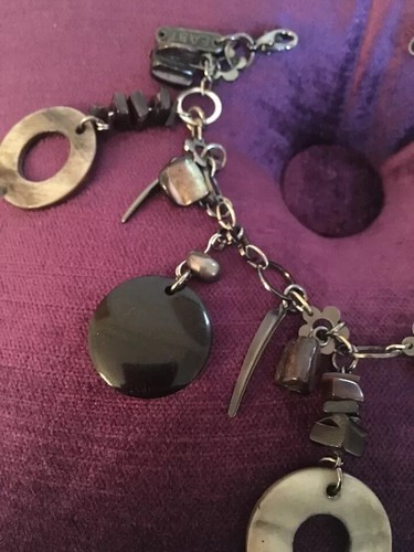 black grey silver bead / metal charm bracelet approx length 19cm + 4cm - Picture 2 of 4