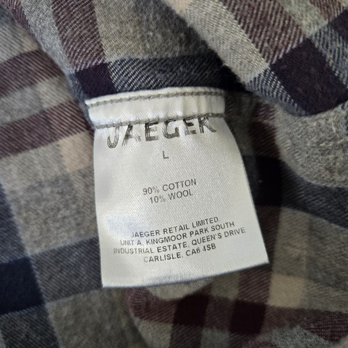 Jaeger Wool Blend Check Plaid LS Flannel Button Shirt Grey Blue Burgundy L Large - Picture 10 of 11
