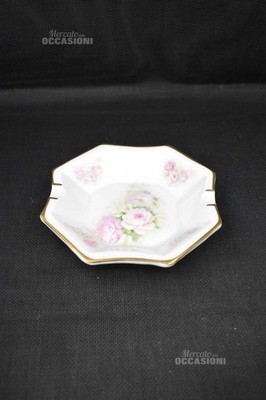 Achteckiger Aschenbecher Aus Keramik T. Limoges Weiß Rose Mit Goldenem Rand 16cm