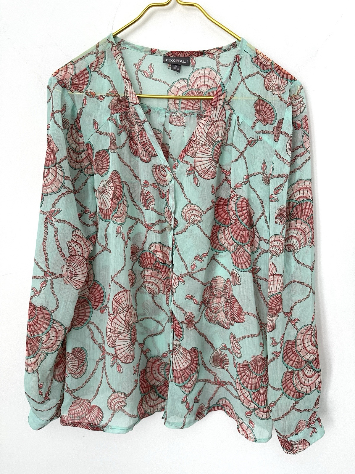 Roz & Ali Teal Pink Sea Shell Beach Semi Sheer Button Front Flowy Top Medium