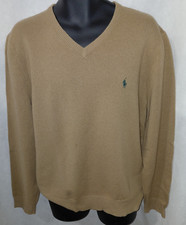 Polo Ralph Lauren Sweater Mens XL Camel Brown Pure Lambswool V-Neck Pony Logo
