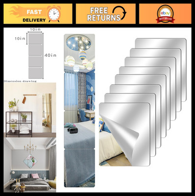 8 Pack Self Adhesive Acrylic Wall Mirrors 10''x10'' - Frameless Decor Tiles for Ho