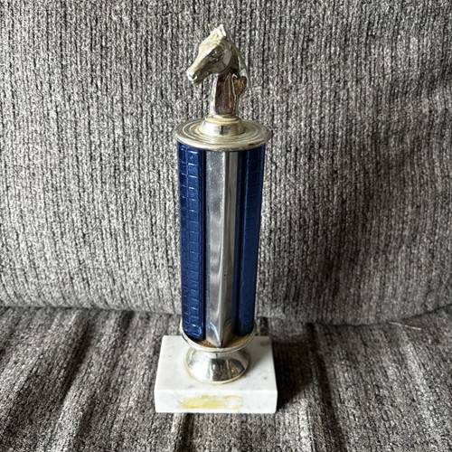 Vintage Equestrian Horse Trophy Marble Base Small Blue Metal Horse Accent Award