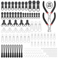197PCS Reusable Zipper Head Repair Kit, Replacement Zipper Pull Tabs with Pliers