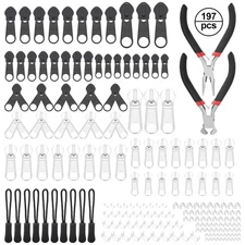 197PCS Reusable Zipper Head Repair Kit, Replacement Zipper Pull Tabs with Pliers