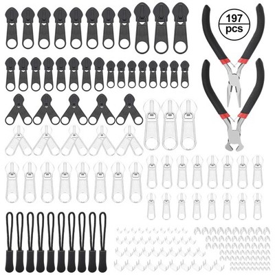 197PCS Reusable Zipper Head Repair Kit, Replacement Zipper Pull Tabs with Pliers