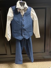 Van Heusen Boys Size 5 Blue 4 Piece Suit Set Vest Pants Polka Dot Shirt Bow Tie