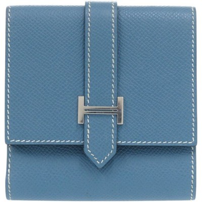 AUTHENTIC HERMES Double SnapWallet Bearn Recto VersoBifold Wallet Blue gene