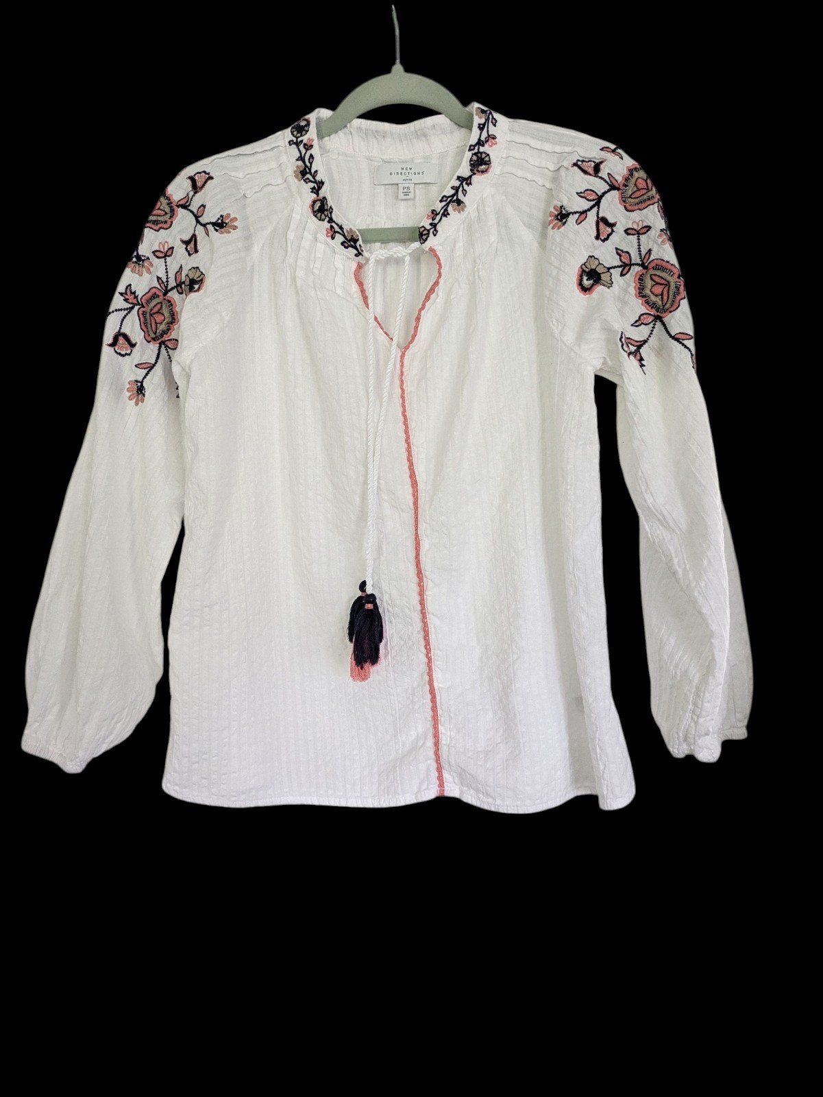 Womens Boho Embroidered Peasant Top Petite Small White Cotton Blouse