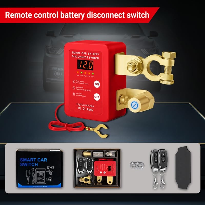 Smart Kill Switch for Car, Remote Battery Disconnect Switch 12v 240A with red