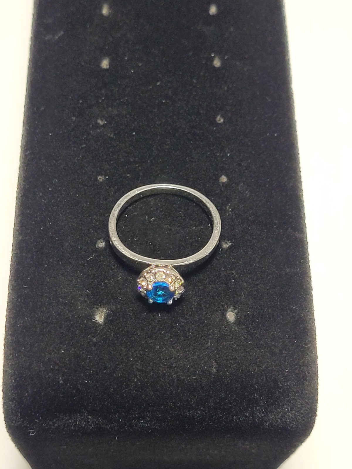 Silvertone Ring Blue Rhinestone Clear Accent Halo… - image 2
