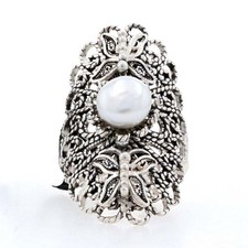 Sterling Freshwater Pearl Cocktail Solitaire Ring -925 Floral Butterfly Filigree