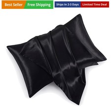 Satin Pillowcases with Zipper  20x26  ,Standard Size Pillowcases Set of 2, Bla...