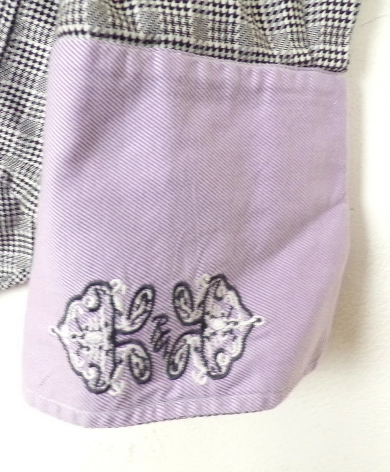 ROBERT GRAHAM Mens 43 17 Black White Check Purple Contrast French Cuff Shirt - Image 3 of 4