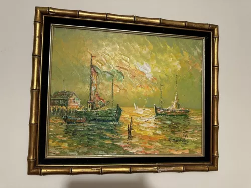 VTG MCM  M. Davids? Signed Bamboo Frame Oil On Board Sunset Sunrise Harbor Boats