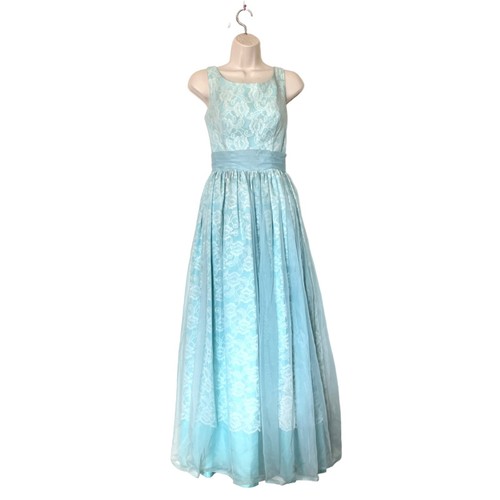 Sweetest Vintage 1960s Sky Blue Frothy Full Skirt Prom Dress Lace Bow In Back - Picture 2 of 16