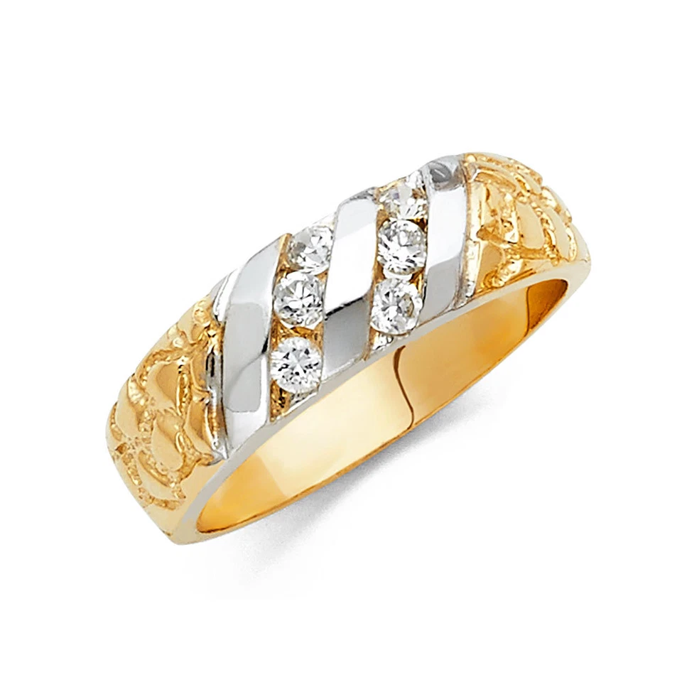 Conjunto de anillo de trío de boda pepita de circonita cúbica de oro amarillo blanco real de 14 k Foto 2 de 2